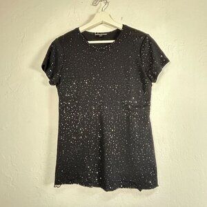Ralph Lauren Black Label Womens Sequin Tulle Overlay Top Large Short Sleeve